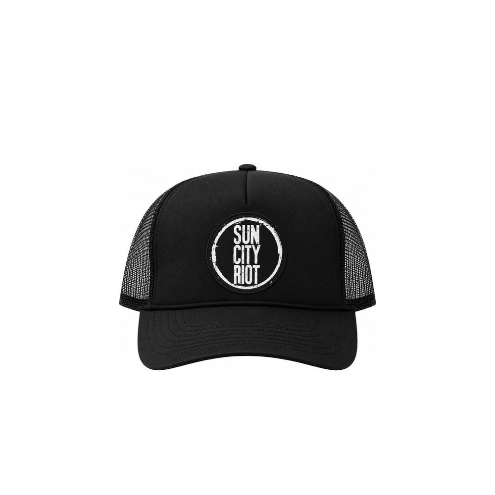Black Sun City Riot trucker hat with round logo patch